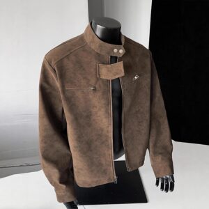 vintage pu leather stand up collar biker jacket
