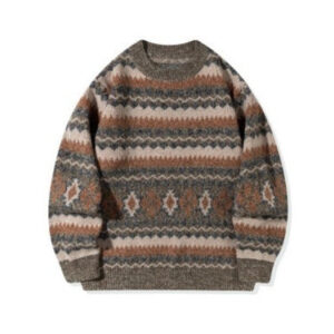 mens thickened crew neck pullover sweater with printed design and relaxed fit