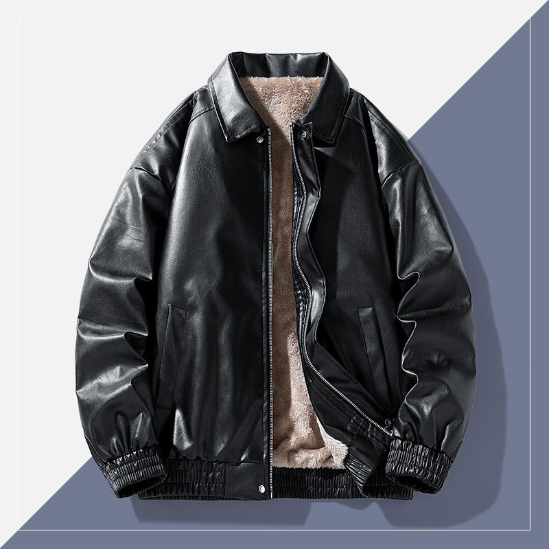 winter retro minimalist casual lapel fashionable fleece lined leather jacket winter retro minimalist casual lapel fashionable fleece lined leather jacket