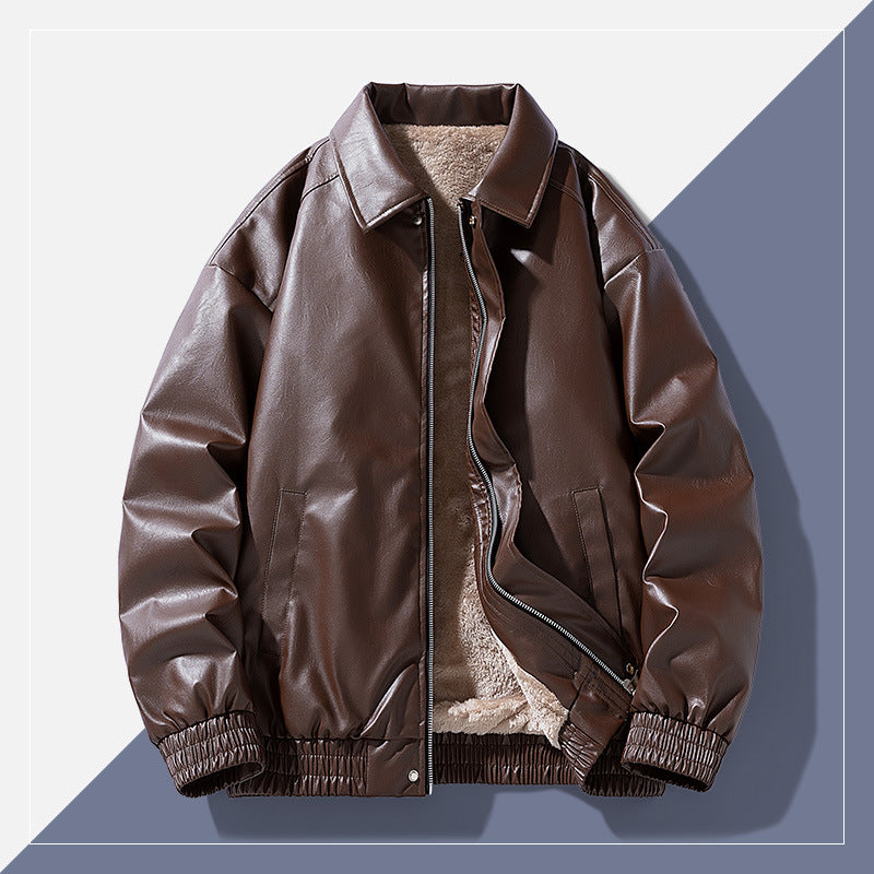 winter retro minimalist casual lapel fashionable fleece lined leather jacket winter retro minimalist casual lapel fashionable fleece lined leather jacket