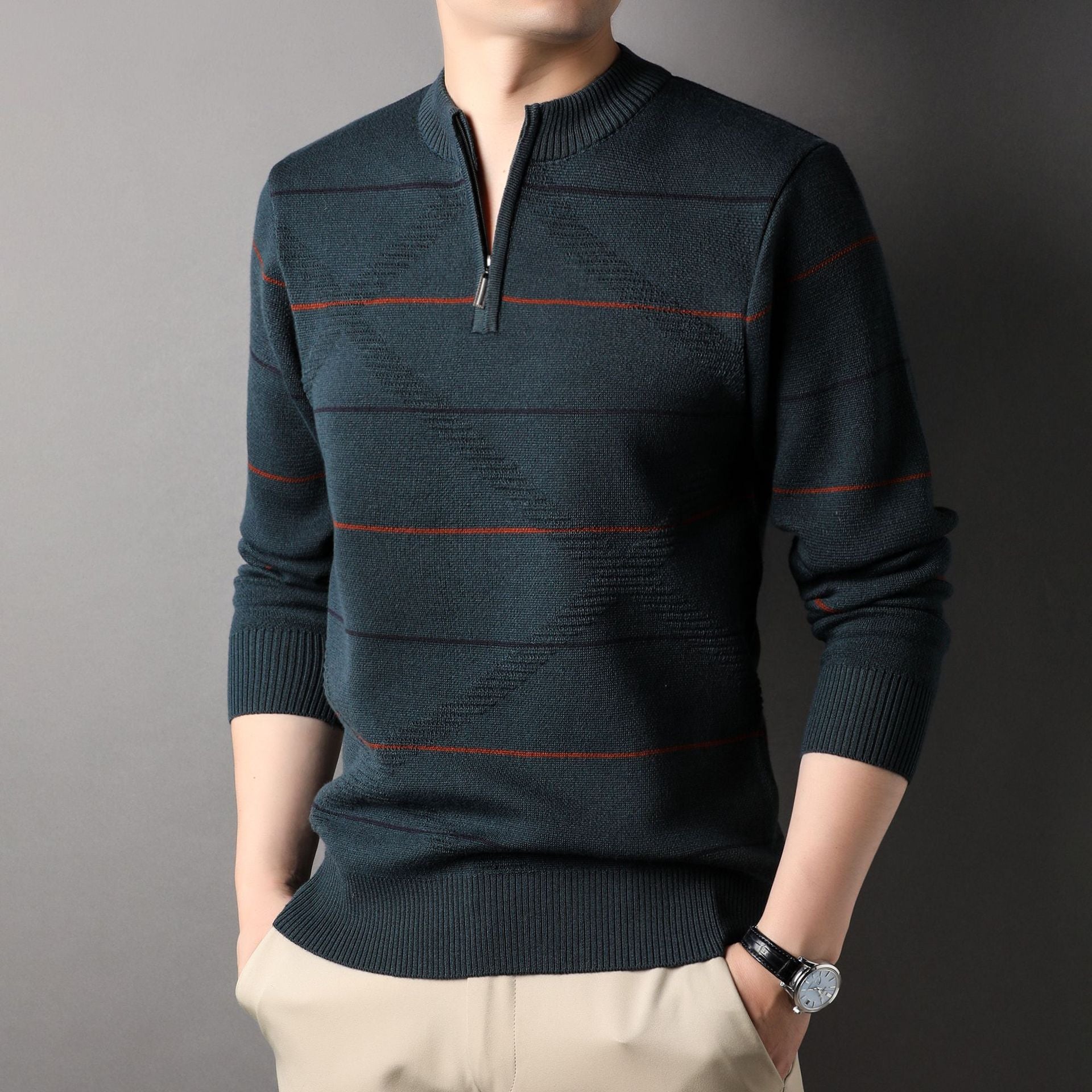 zippered mock neck knit sweater with striped long sleeves zippered mock neck knit sweater with striped long sleeves