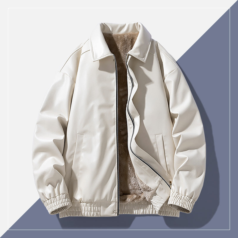winter retro minimalist casual lapel fashionable fleece lined leather jacket winter retro minimalist casual lapel fashionable fleece lined leather jacket