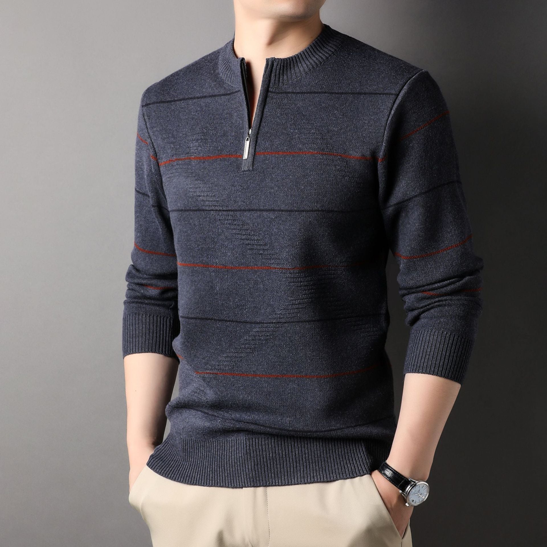 zippered mock neck knit sweater with striped long sleeves zippered mock neck knit sweater with striped long sleeves