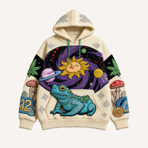 vintage print loose fitting hoodie sweater