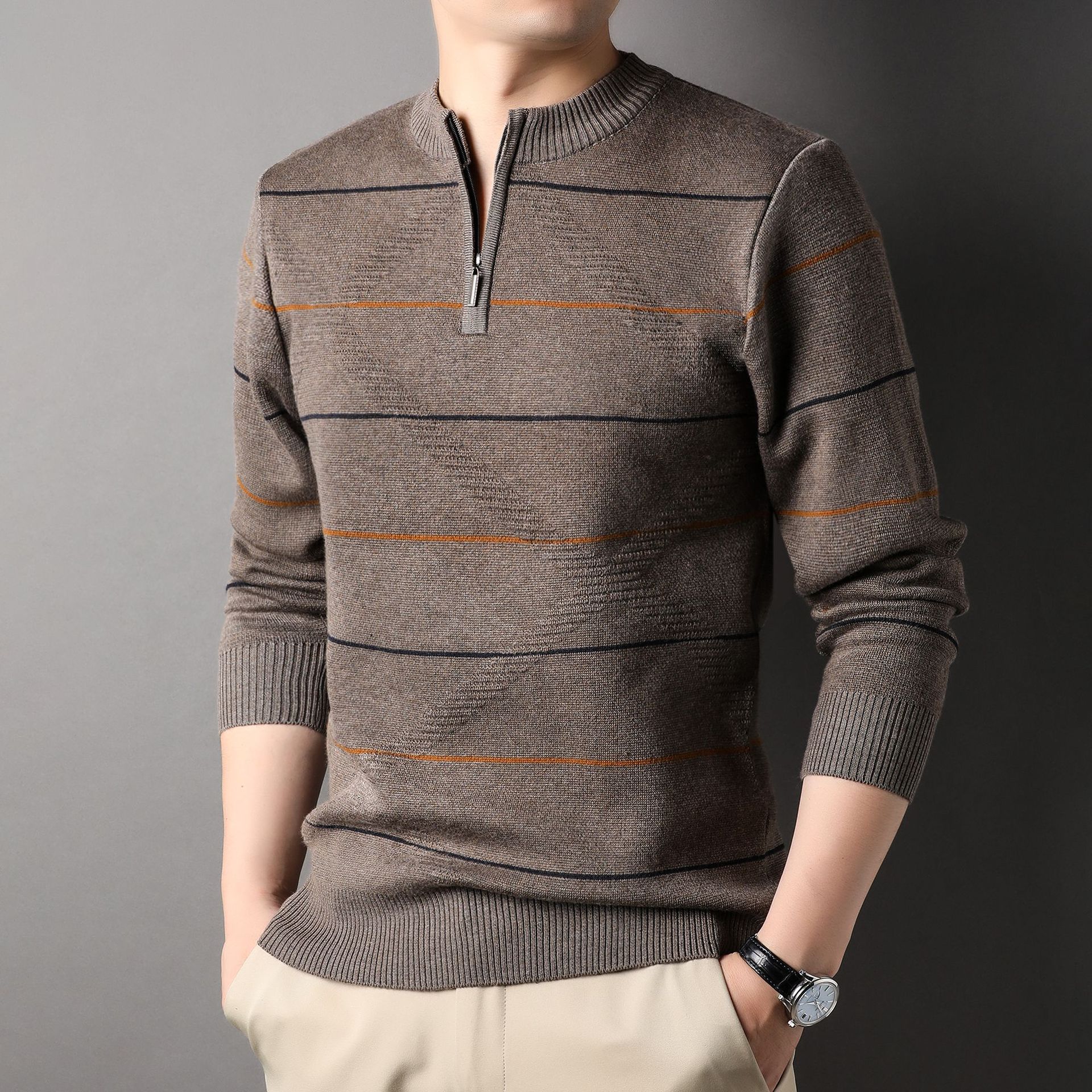 zippered mock neck knit sweater with striped long sleeves zippered mock neck knit sweater with striped long sleeves