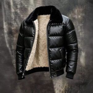 motorcycle leather jacket with a sheepskin lapel